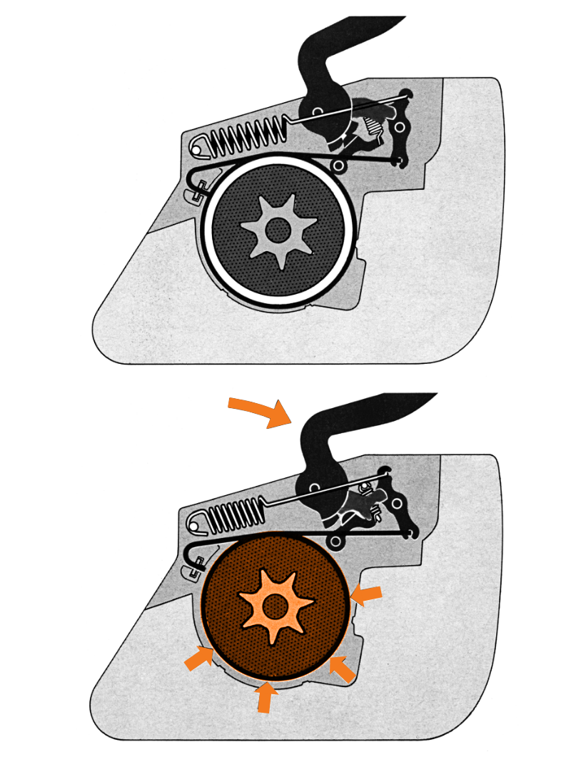 Illustration with and without QuickStop, black and white with orange-colored details.