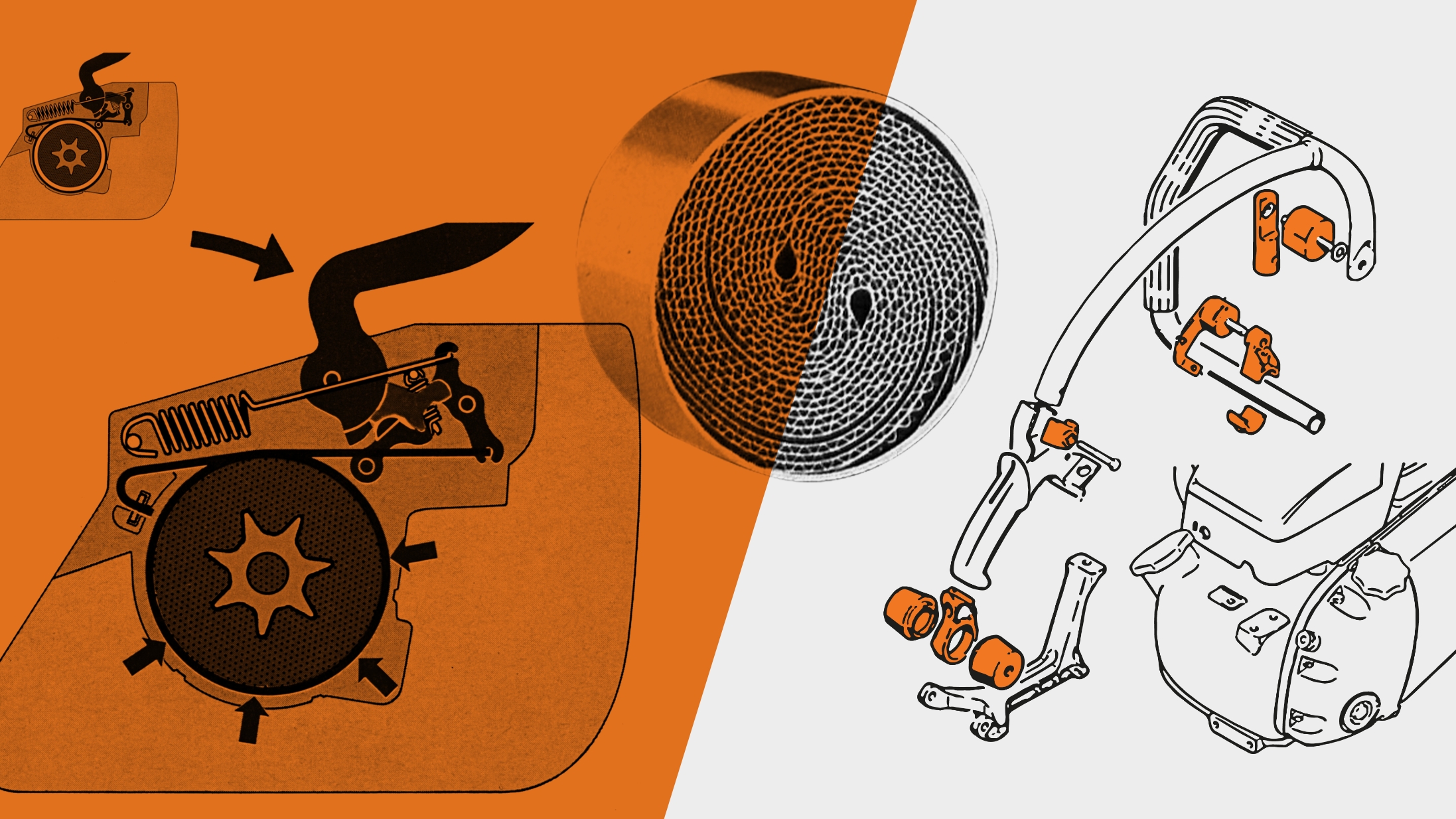 Illustrative collage of anti-vibration handle, Quickstop and catalytic converter.