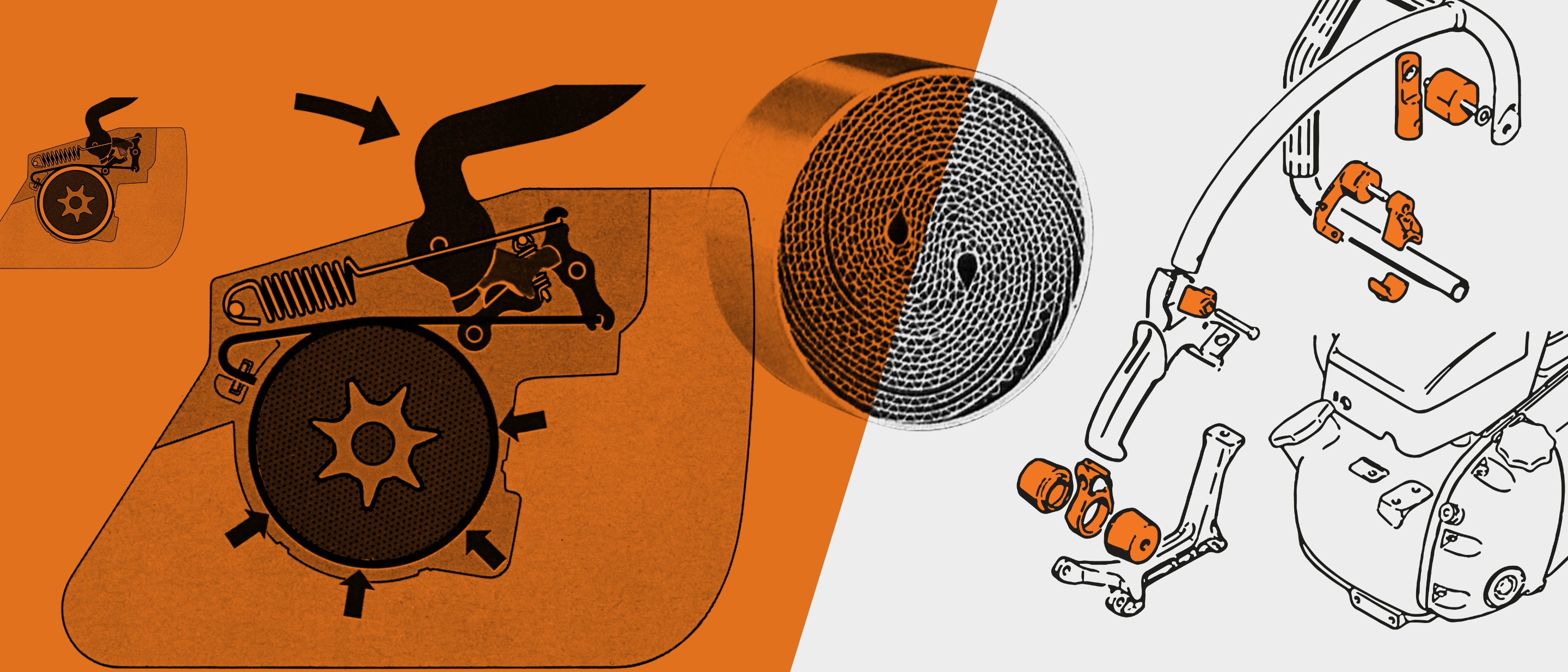 Illustrative collage of anti-vibration handle, Quickstop and catalytic converter.