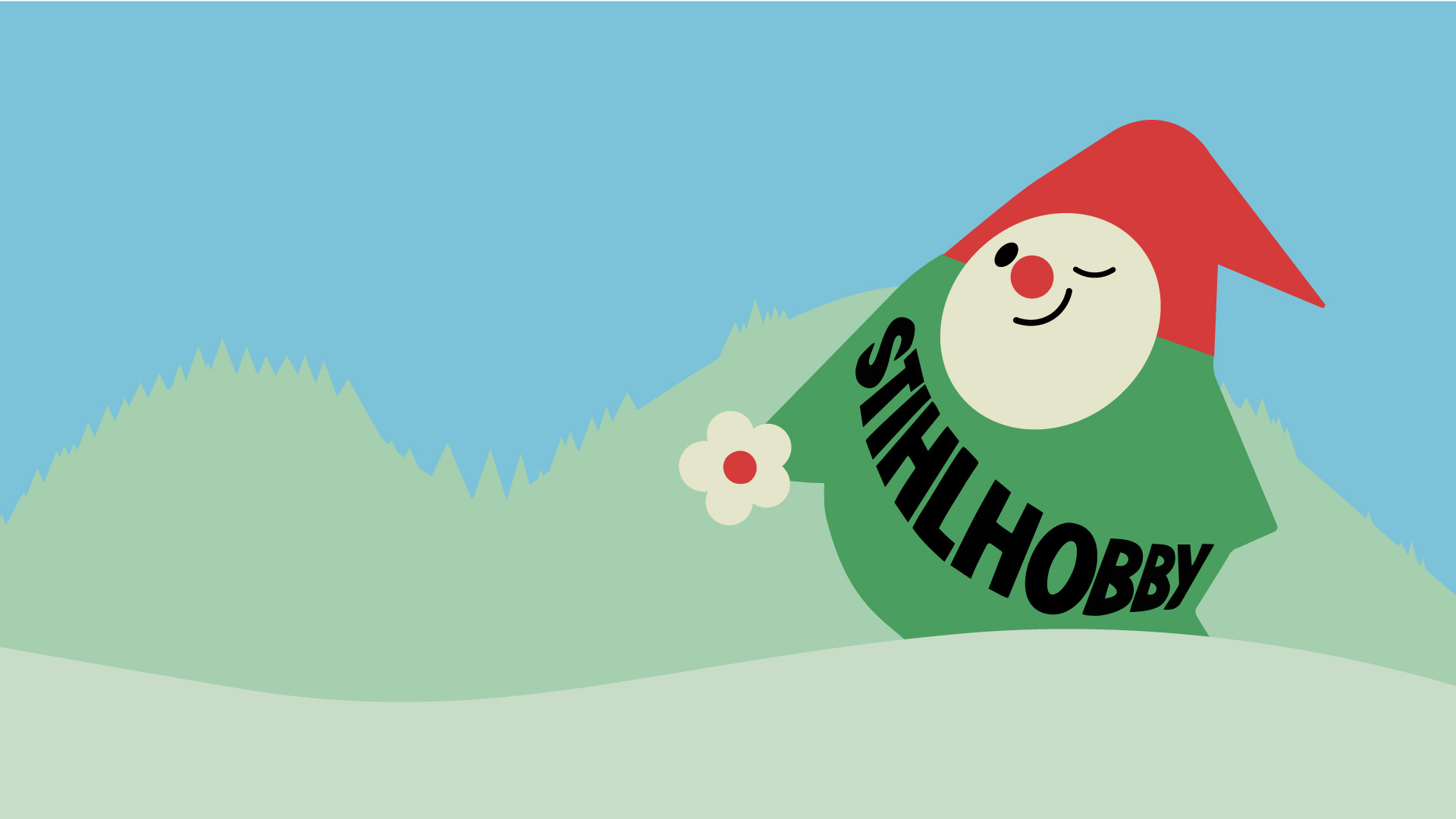 The &ldquo;STIHL Hobby&rdquo; advertising character: An illustrated gnome wearing a red pointed hat, a green outfit, and holding a white flower.