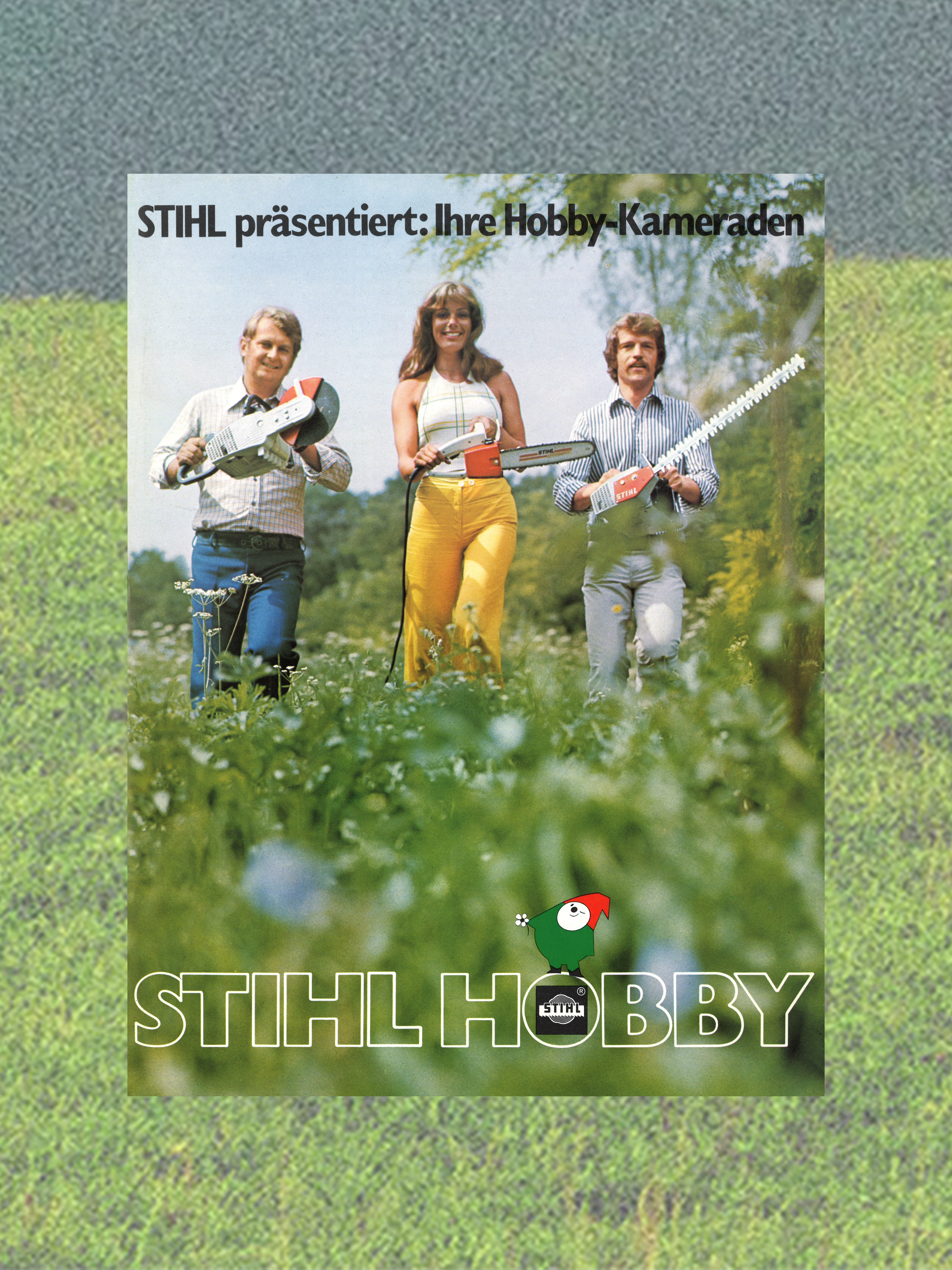 Advertising brochure for STIHL Hobby; the photo shows two men and a woman in a meadow of flowers. Each is holding a STIHL power tool.