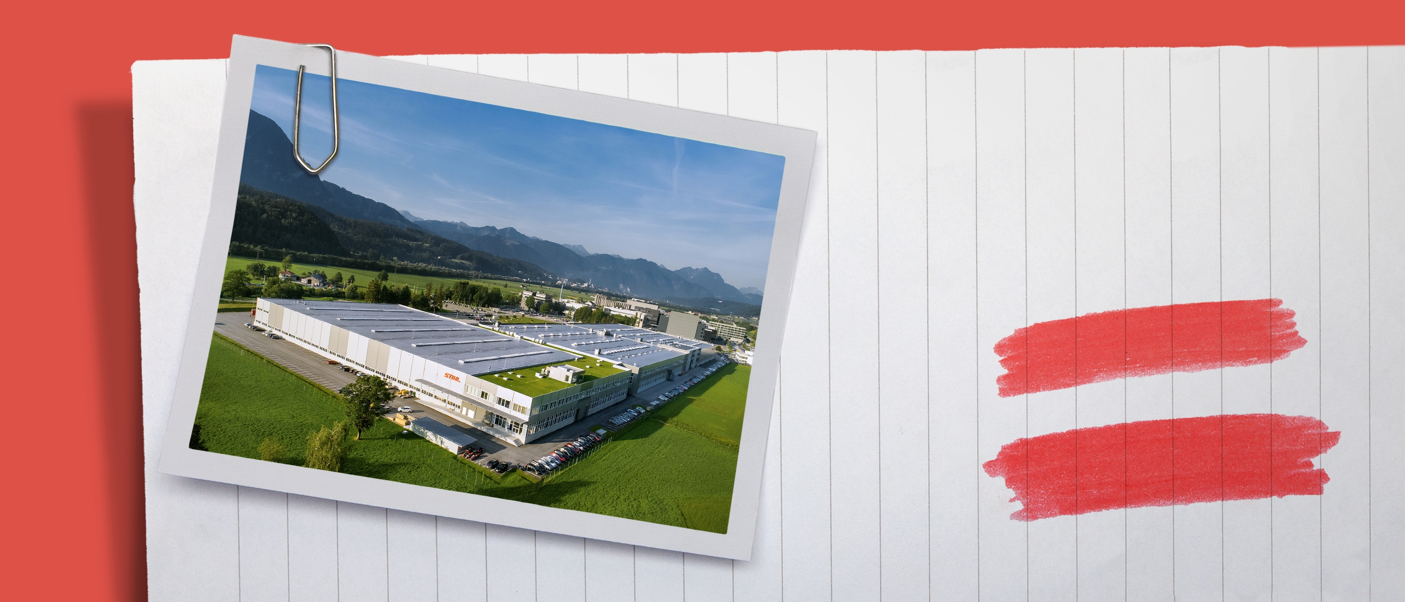 The STIHL production site in Tyrol in front of a mountain panorama.