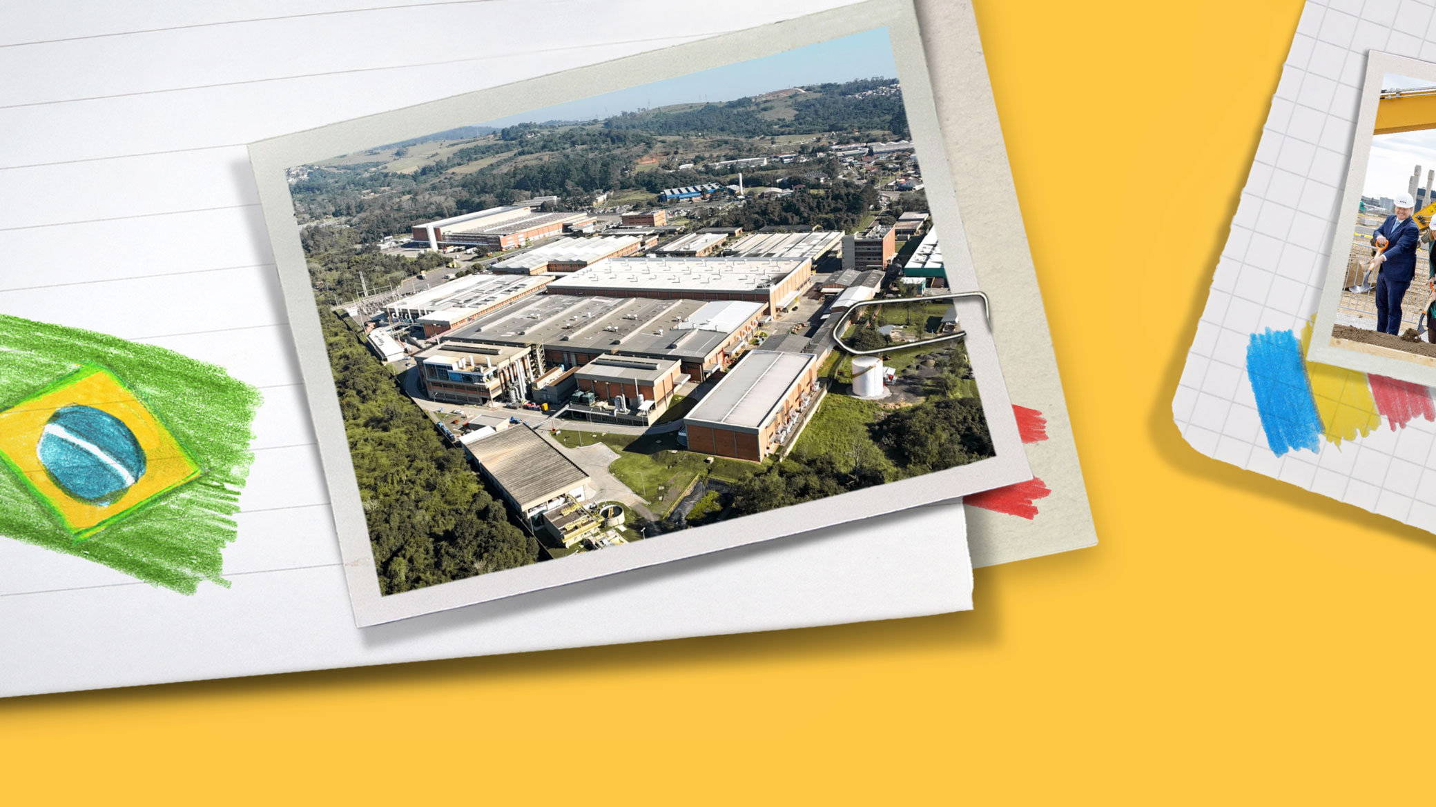 Collage made from scrap paper, with flags drawn in colored pencils and site photographs from Brazil and Romania.