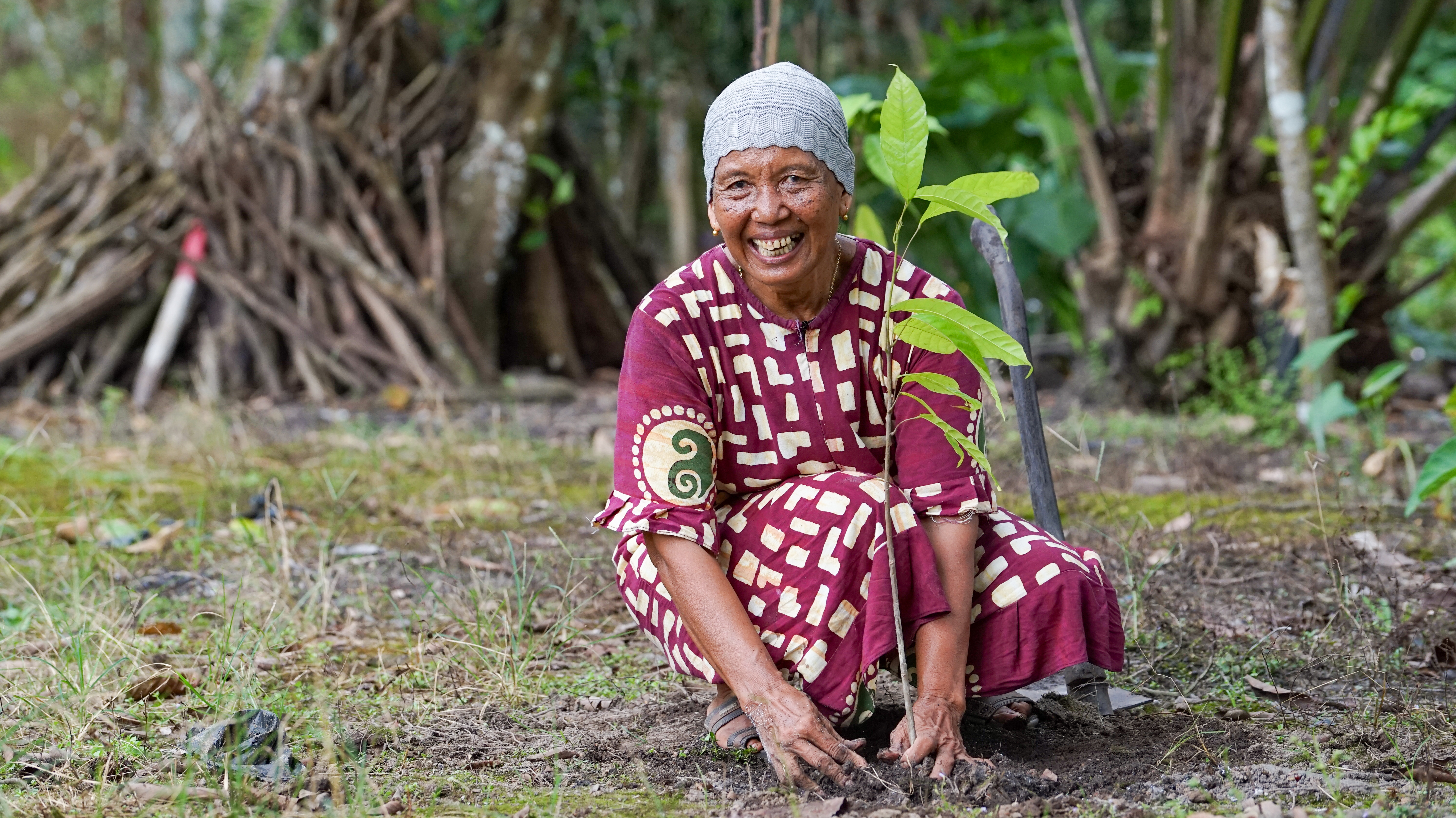 A woman planting a seedling in Indonesia.