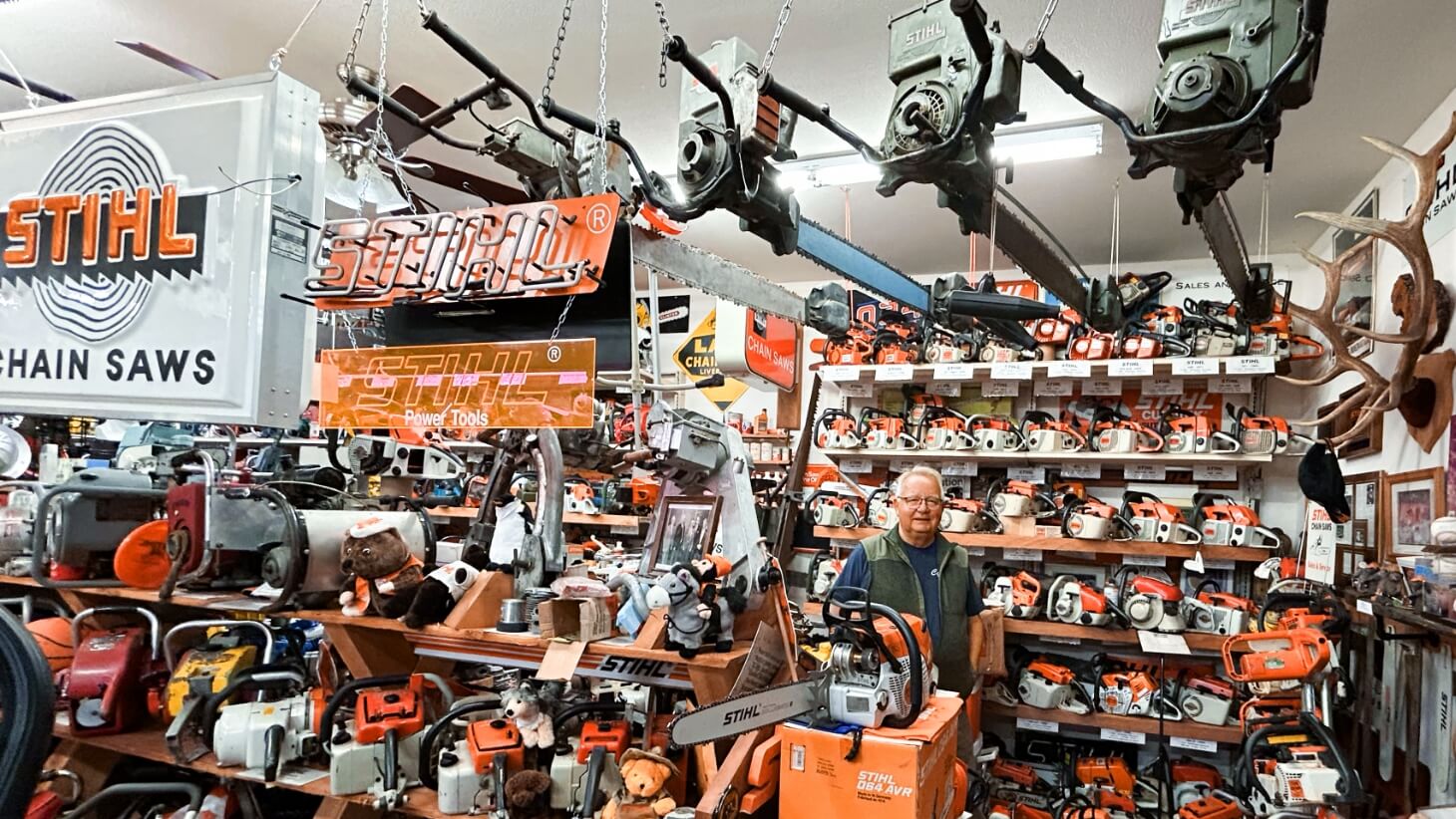 Wayne Sutton in a room full of chainsaws.