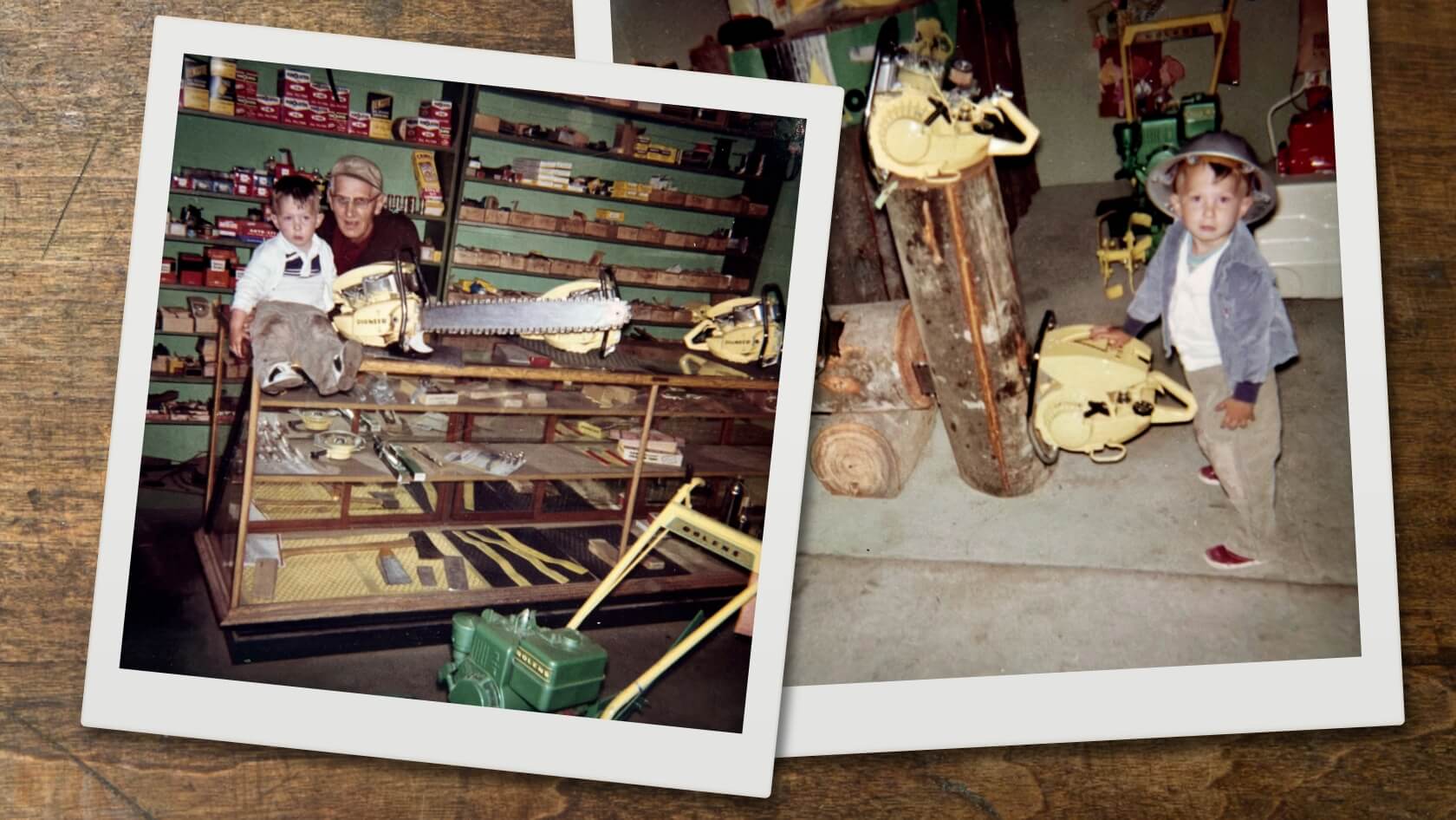 Sam Madsen as a child with his grandfather and chainsaws.