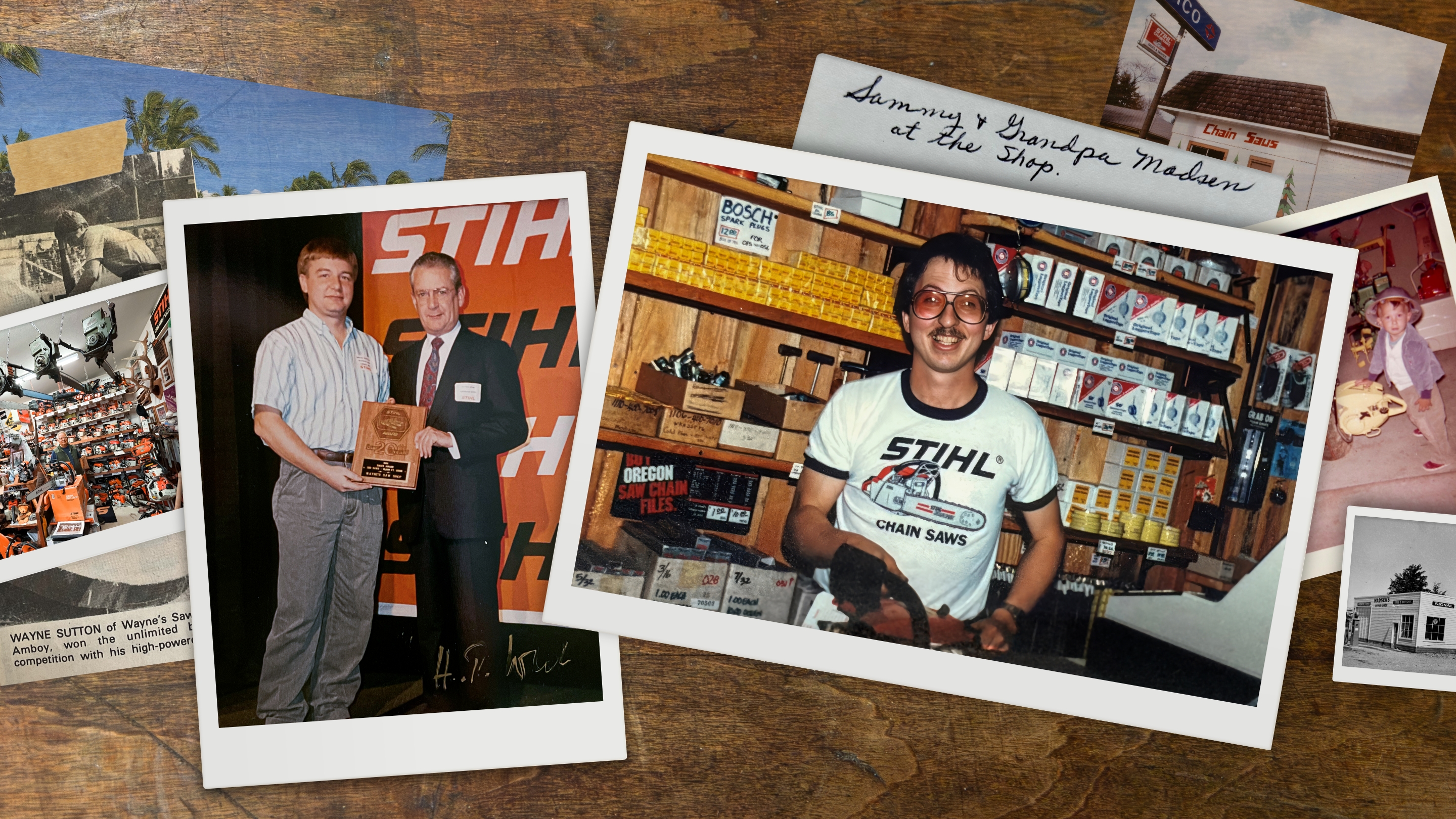 A photo collage featuring Wayne Sutton, Hans Peter Stihl, and Sam Madsen.