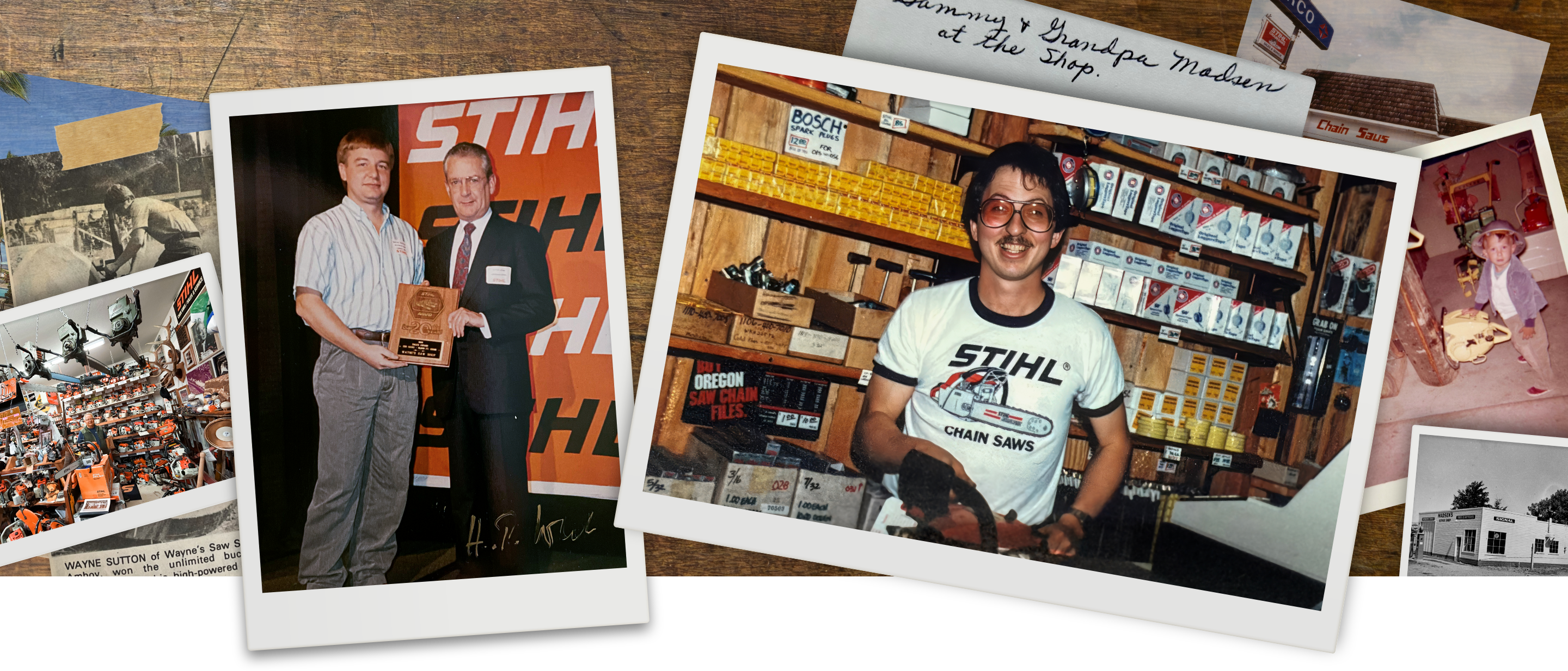 A photo collage featuring Wayne Sutton, Hans Peter Stihl, and Sam Madsen.
