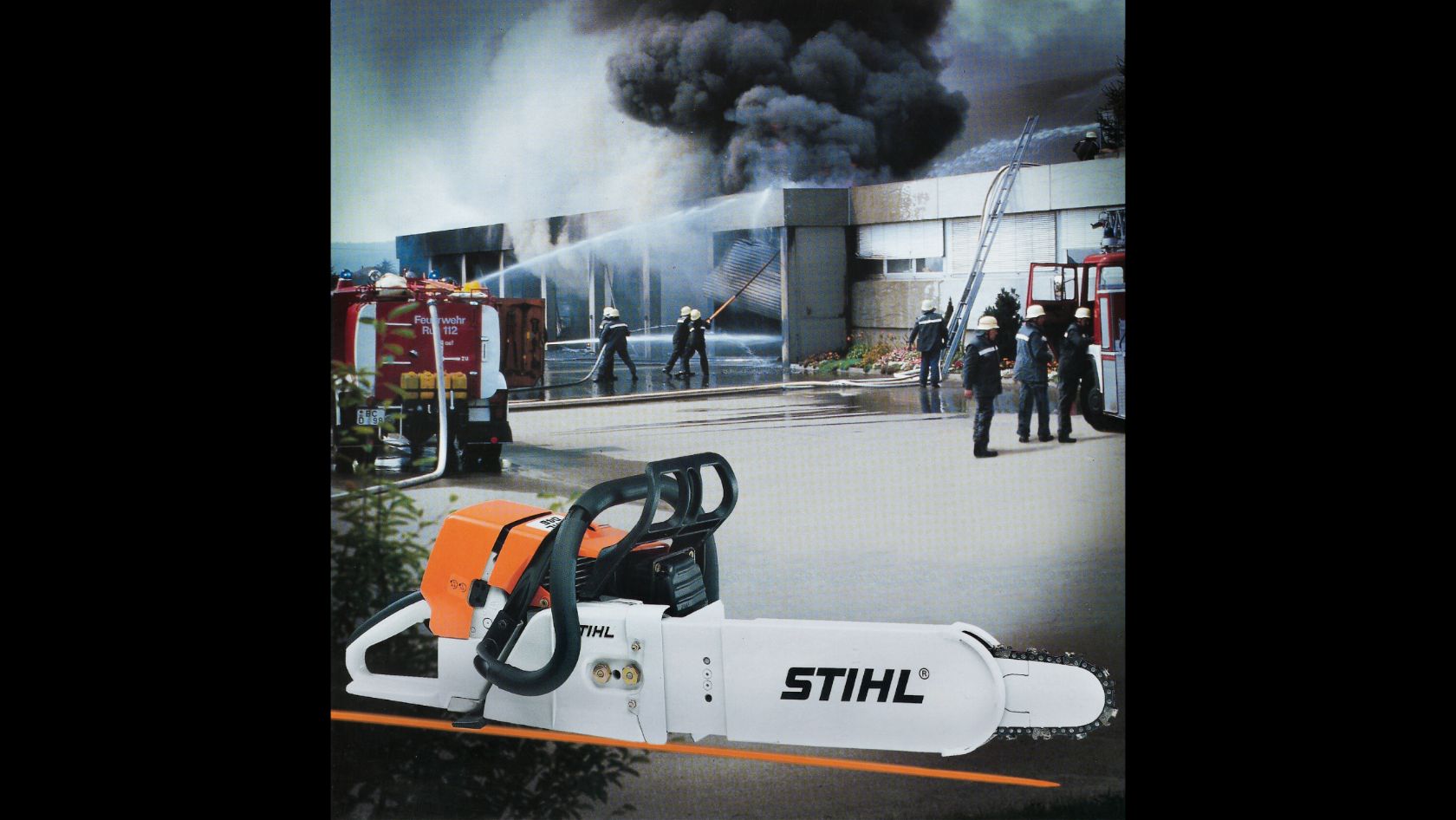 Rescue chainsaw advertisement with a fire service scene in the background, 2000.