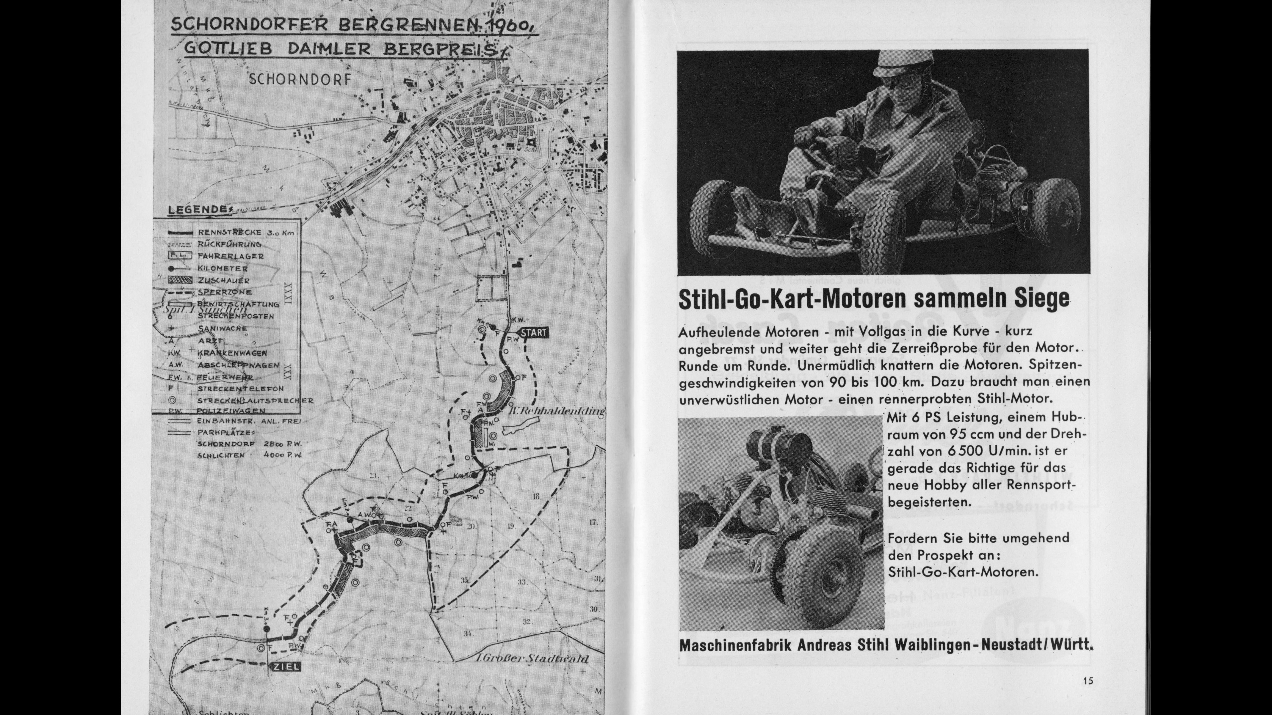 Map of the Schorndorf hill climb route 1960 and advertisement for STIHL go-kart engines in a magazine with black-and-white photos.