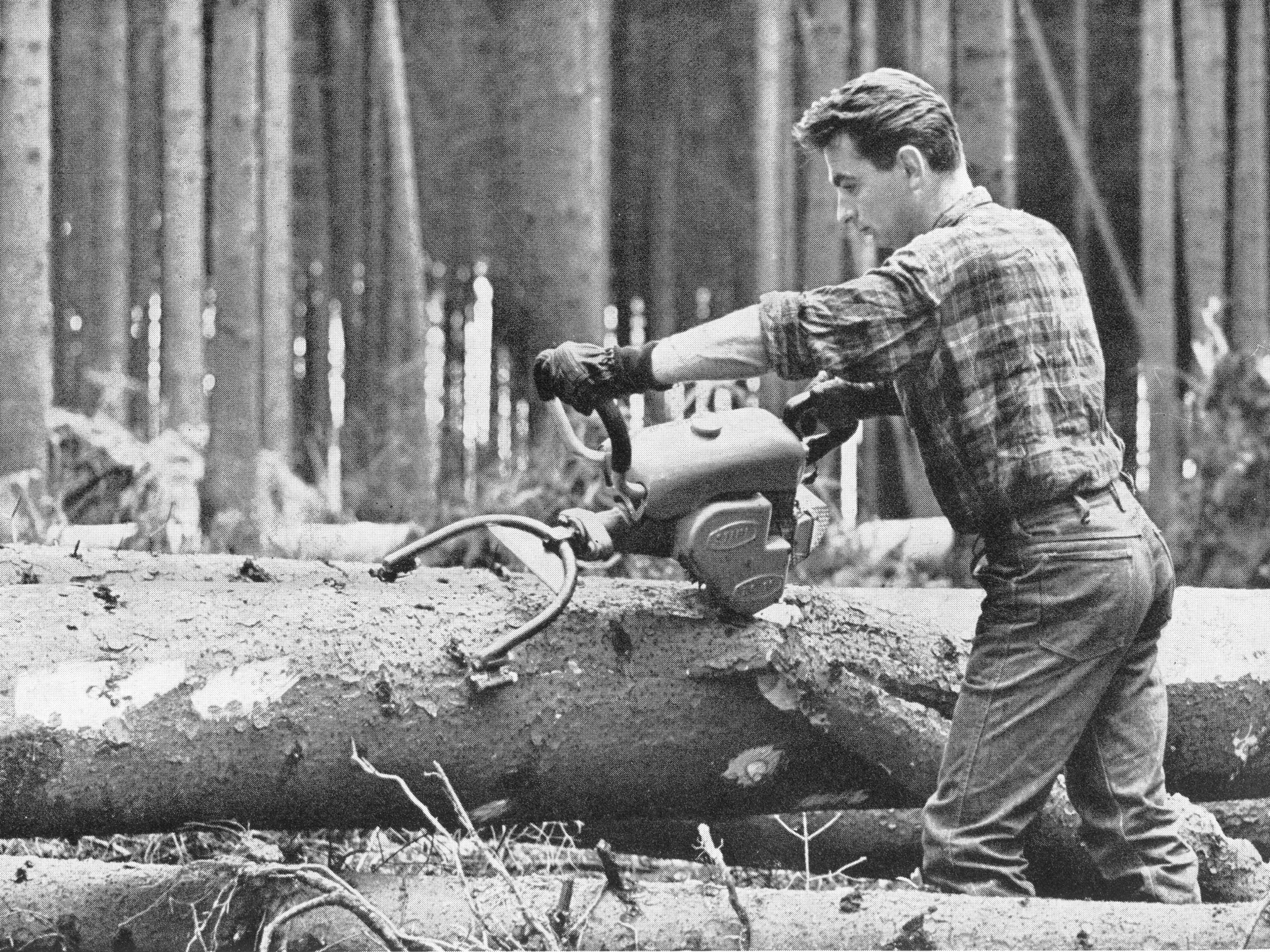 A man debarking a tree trunk with a STIHL debarking tool; black and white photo.