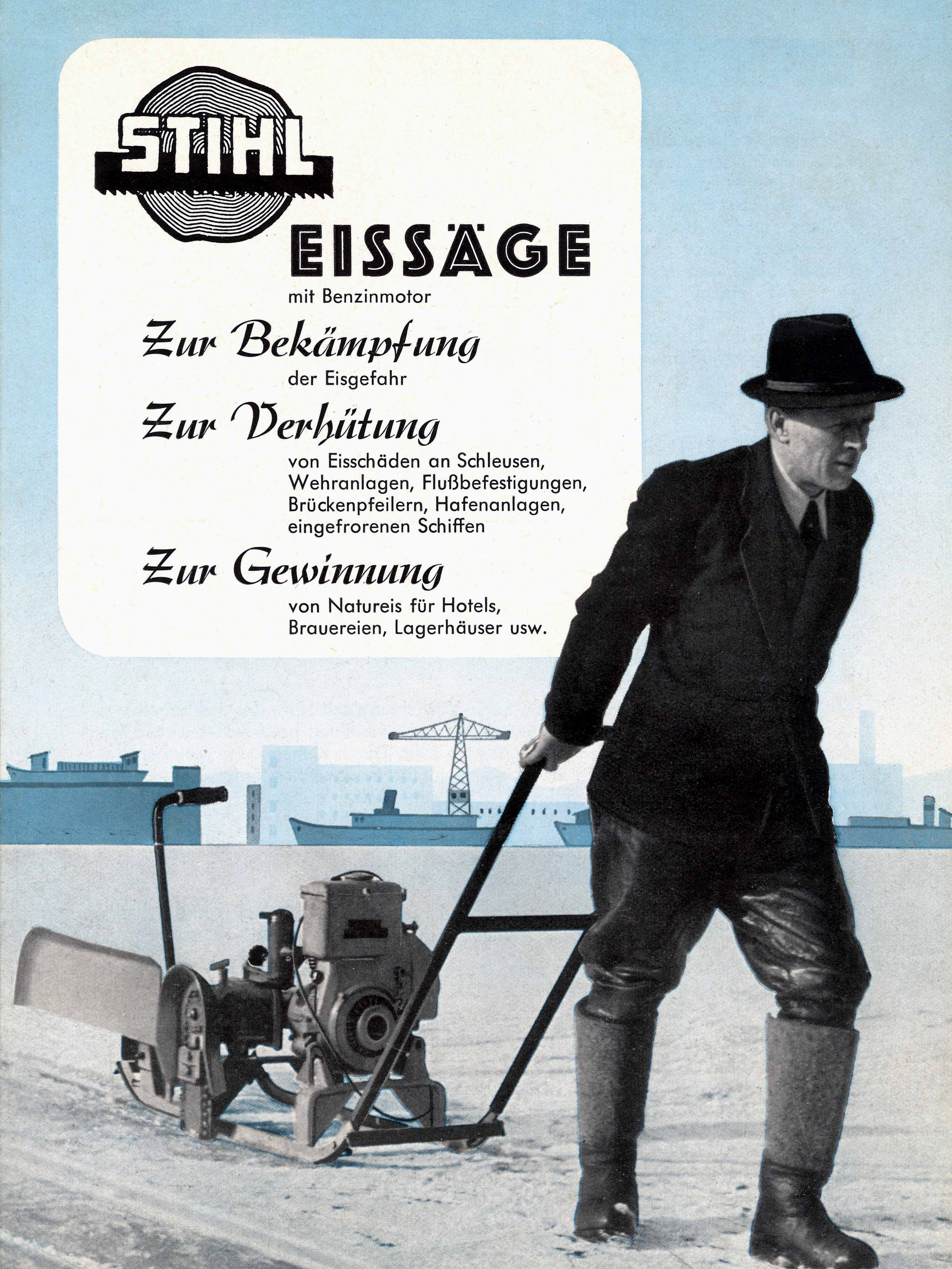 A man pulling an ice saw over a frozen lake; black and white photo.