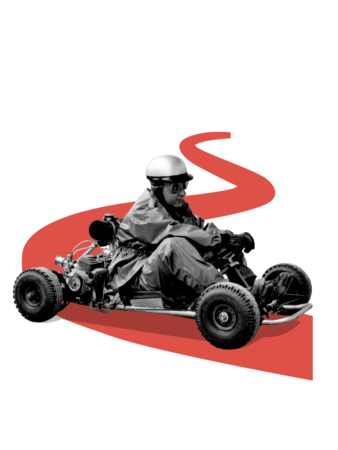 Cut-out go-kart with racing driver; black-and-white photo.