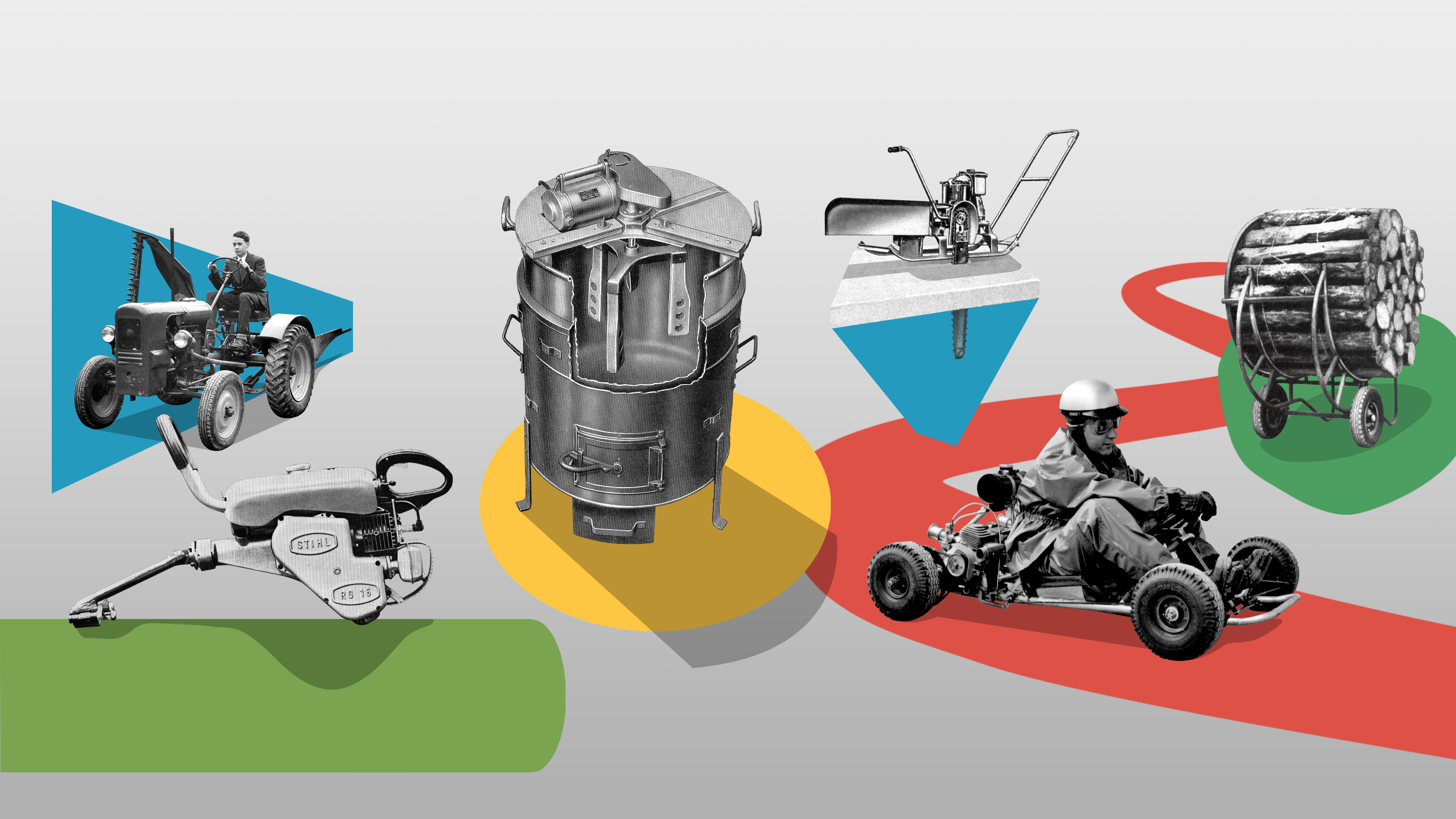 Collage of black and white photos of power tools that STIHL has produced over the years: Forestry cart, ice saw, debarker, go-kart, tractor, washing machine.