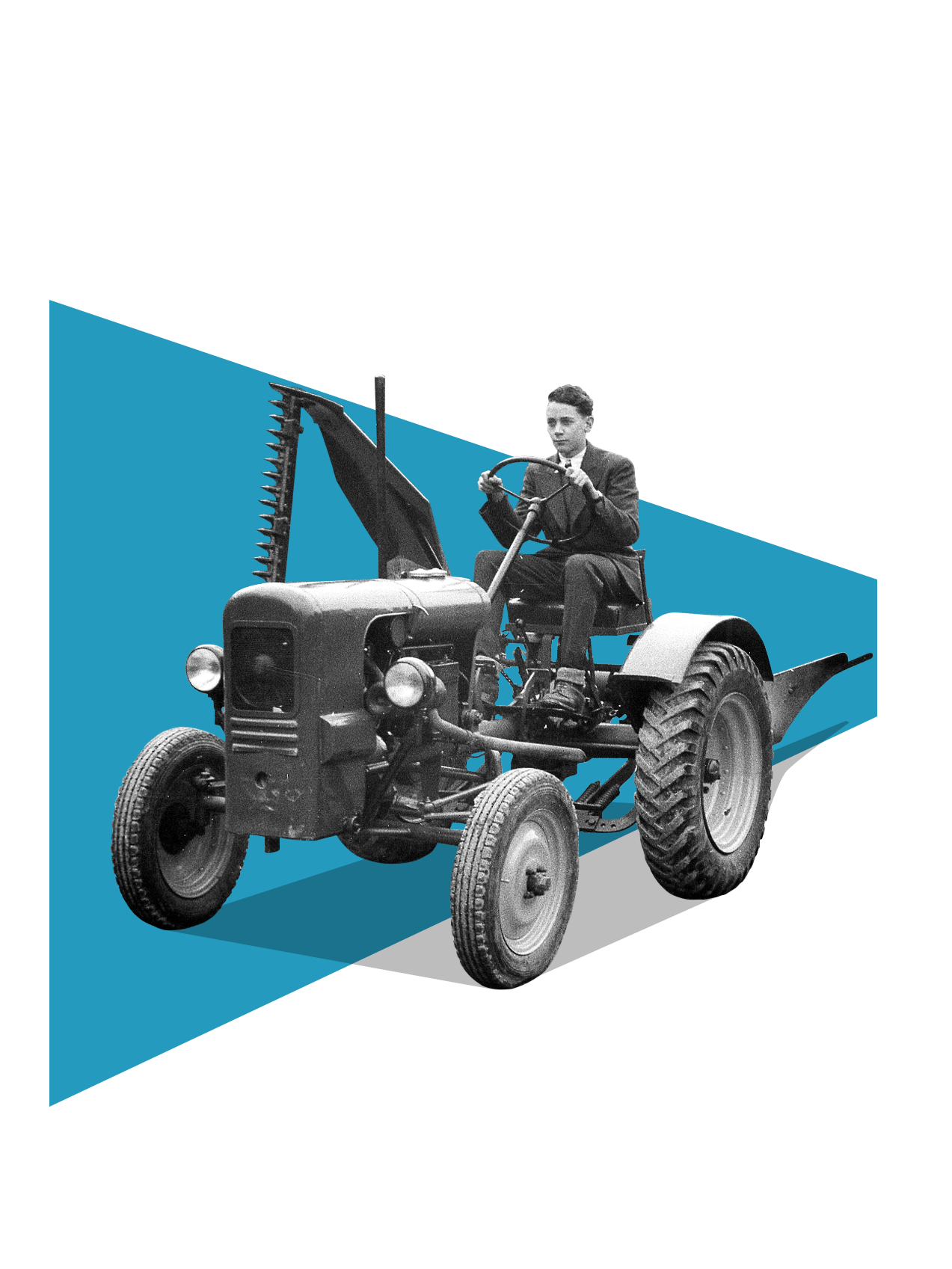 A young man sitting on a tractor; black and white photo.