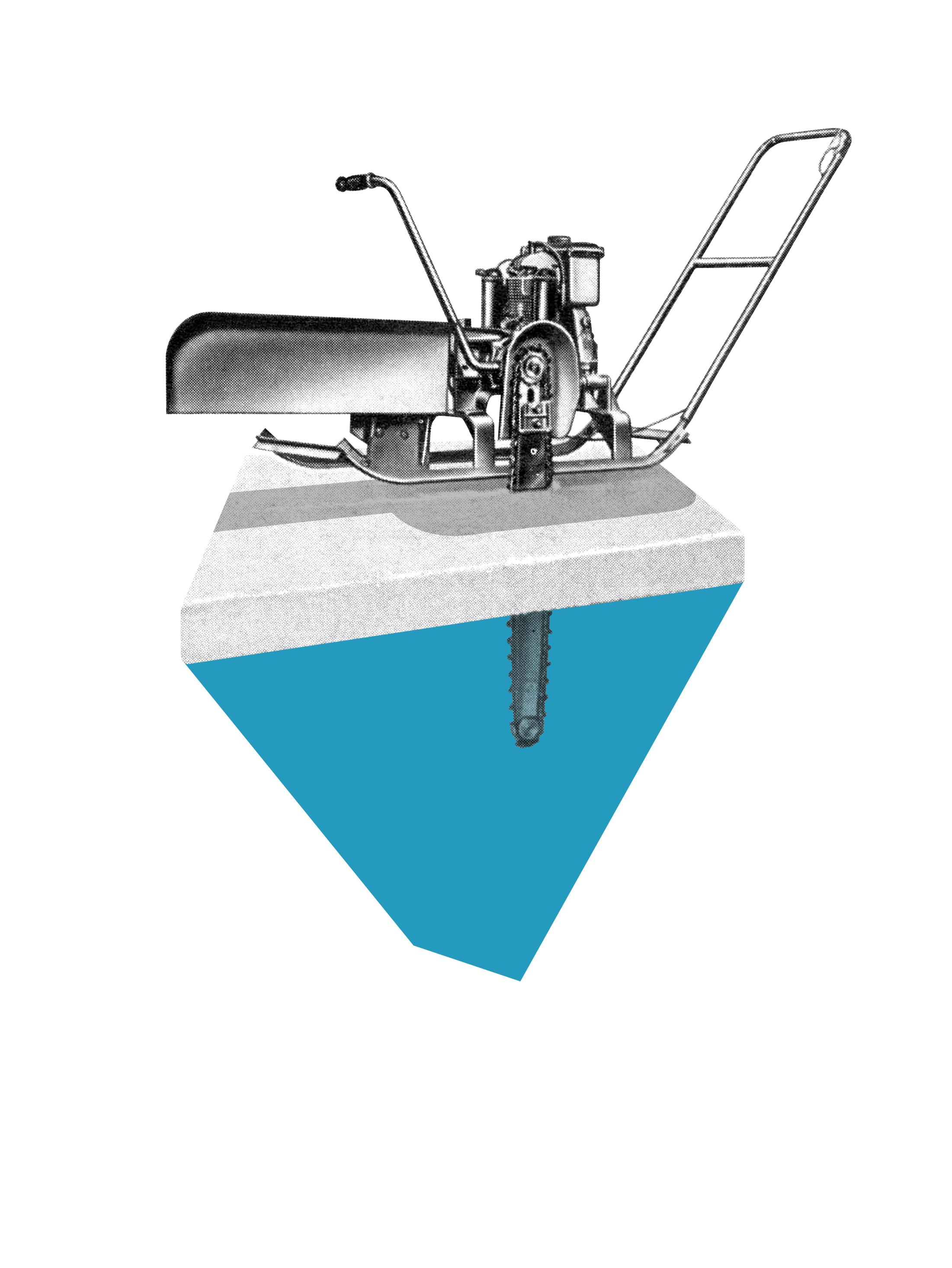 Cut-out ice saw pierces ice cover; black-and-white photo.