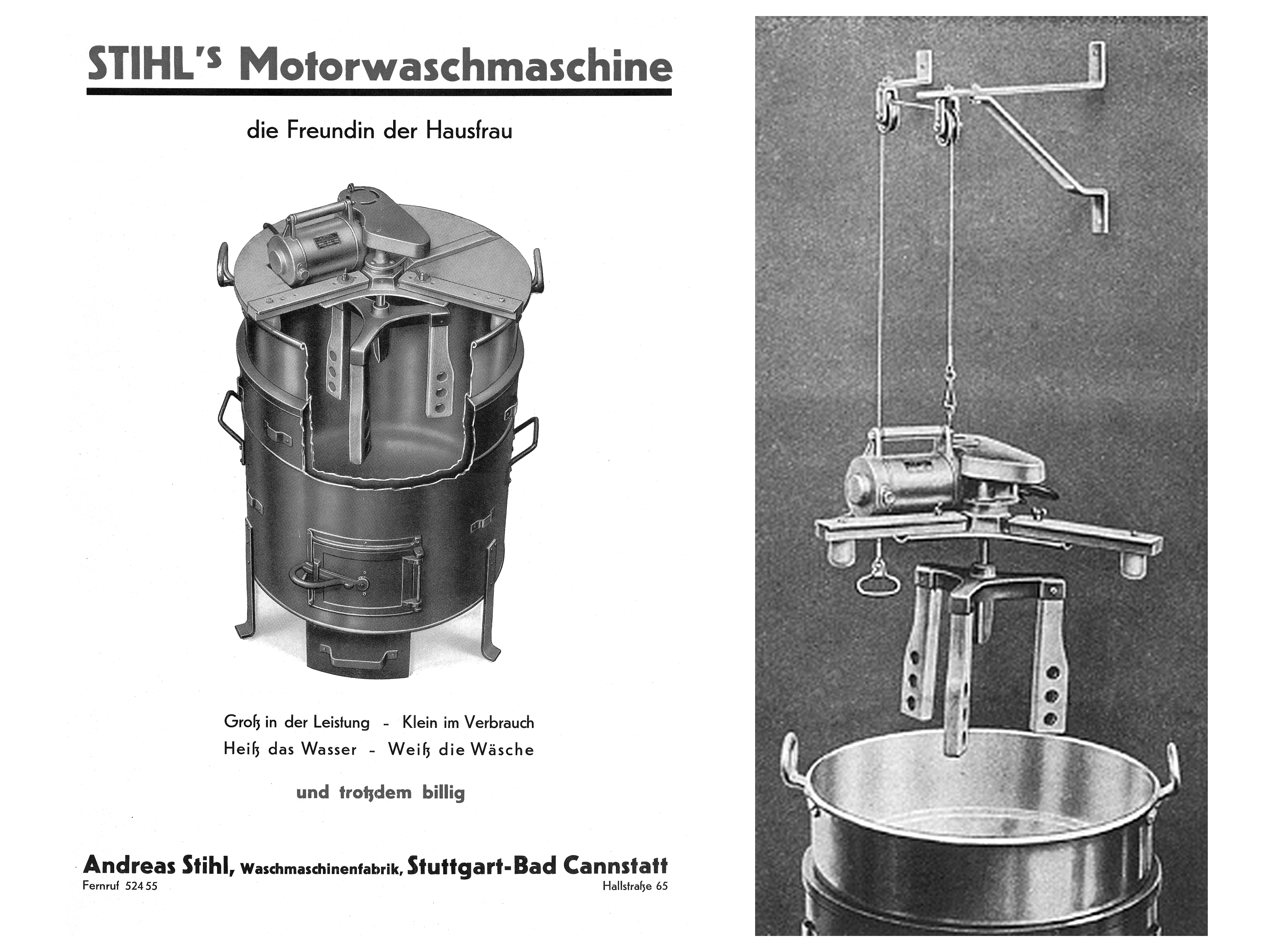 Advertisement for the STIHL washing machine; black-and-white photo. Agitator mechanism of the STIHL washing machine; black-and-white photo.