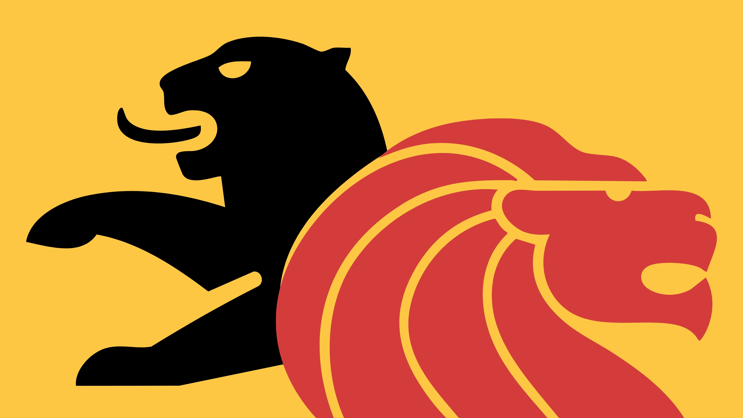 Stylized illustration showing a lion and a tiger, inspired by the coat of arms of the Republic of Singapore