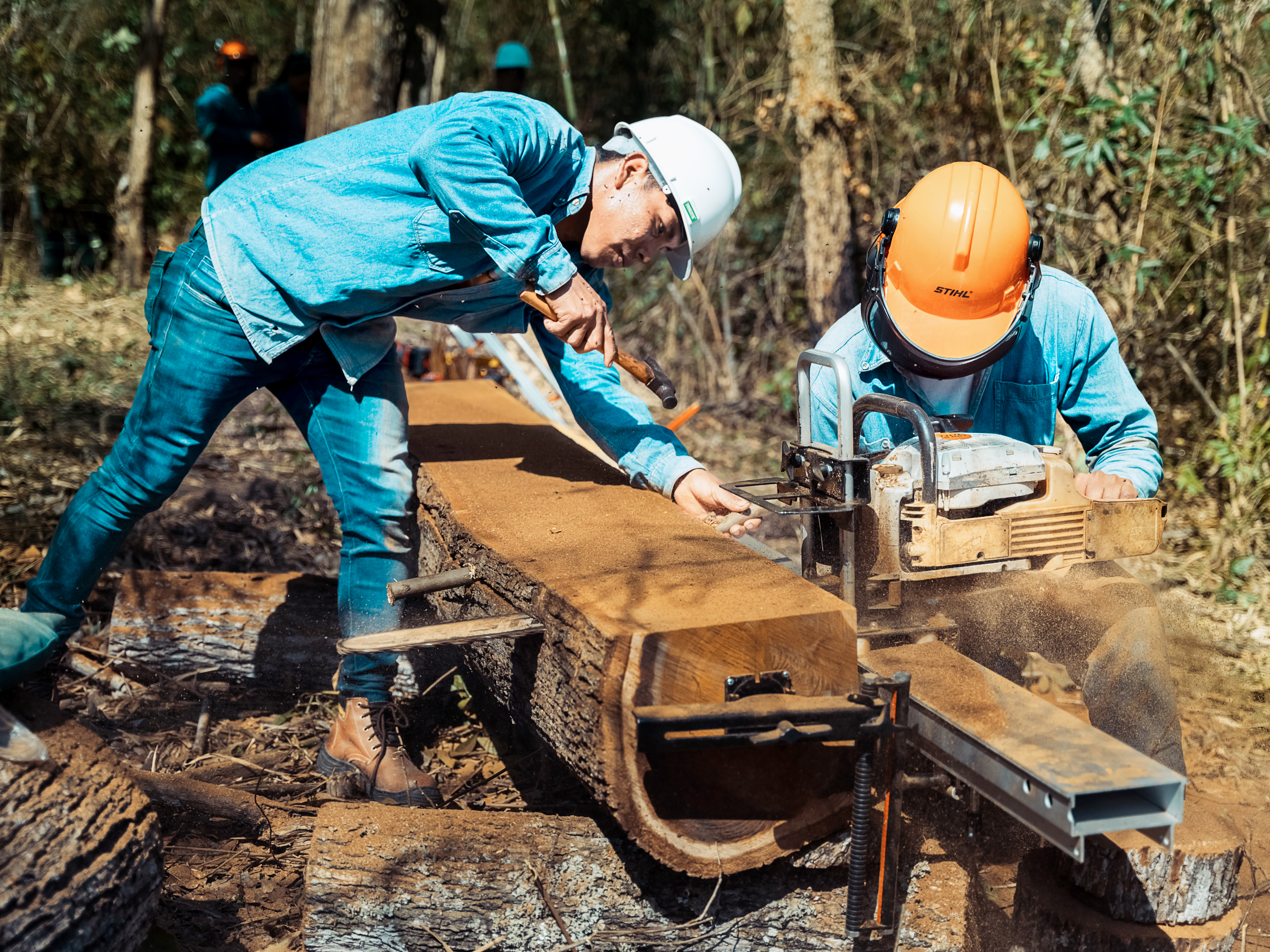 Two men sawing a tree trunk into boards with a chainsaw.