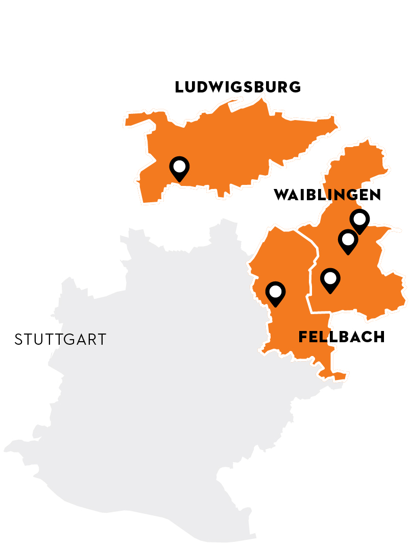 Stylized map excerpt of the Stuttgart metropolitan area, focusing on Fellbach, Ludwigsburg and Waiblingen.
