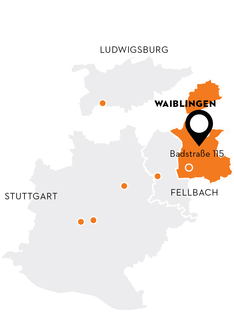 Stylized map excerpt of the Stuttgart metropolitan area, focusing on Waiblingen.