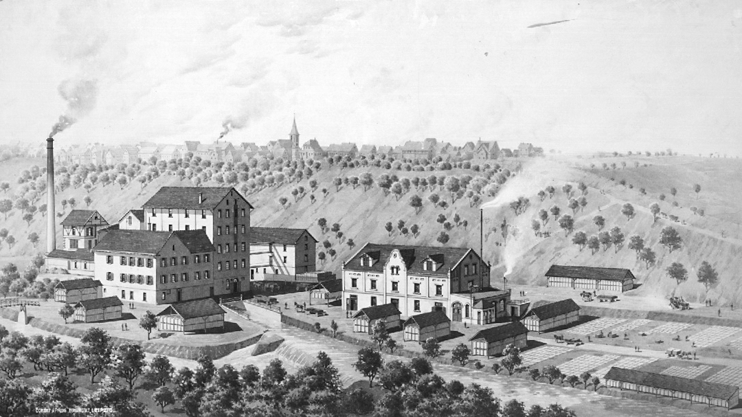 The former paper factory in 1938; black and white drawing.