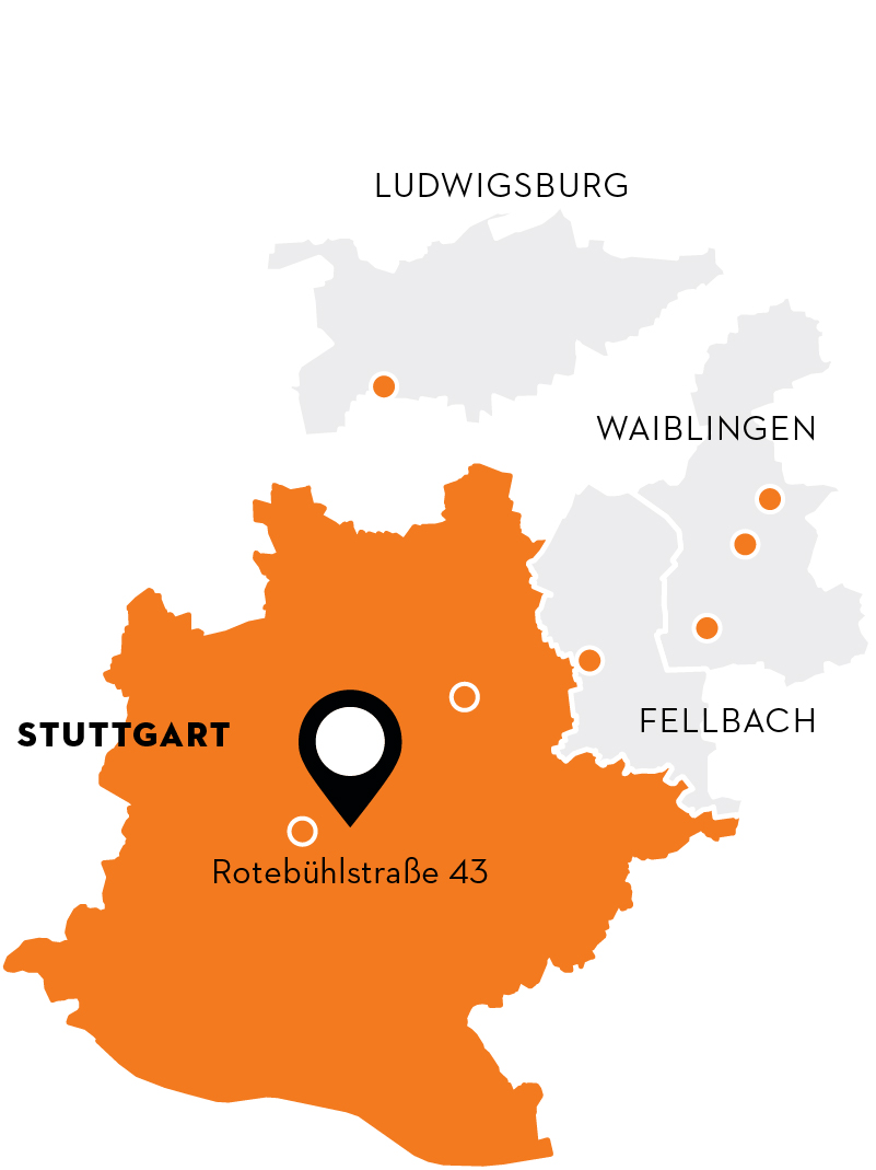 Stylized map excerpt of Stuttgart, focusing on the city center, Roteb&uuml;hlstra&szlig;e.