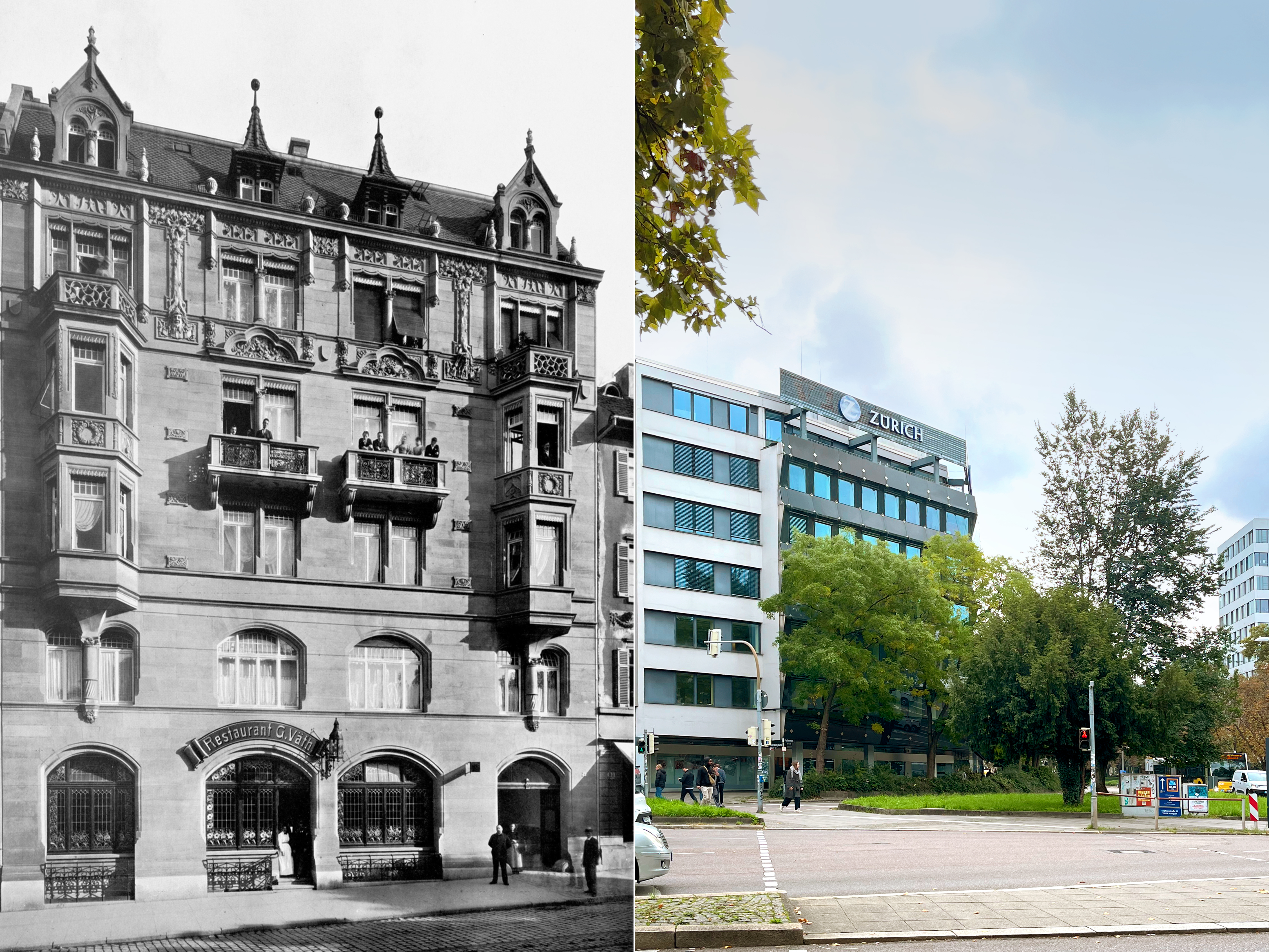 Left: An early view of the building at 43 Roteb&uuml;hlstra&szlig;e in Stuttgart; black and white photo. Right: Today there is a road where Andreas Stihl&lsquo;s first office used to be.