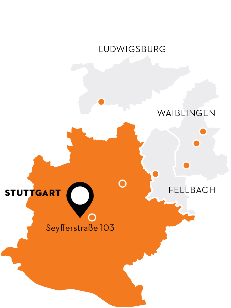 Stylized map excerpt of Stuttgart, focusing on the city center, Seyfferstra&szlig;e.